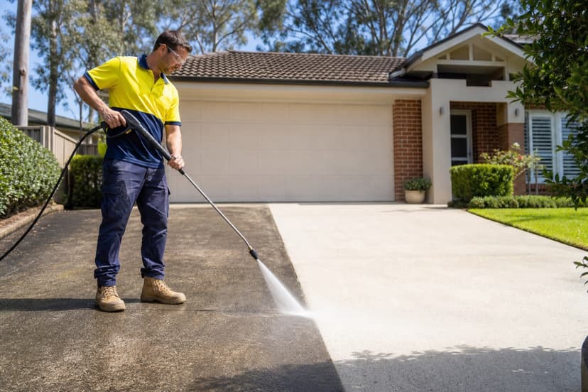High-pressure power washing a driveway